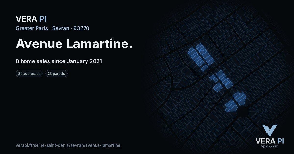 Avenue Lamartine, Sevran at night – every parcel coloured by the prices around it, the street's own parcels lit