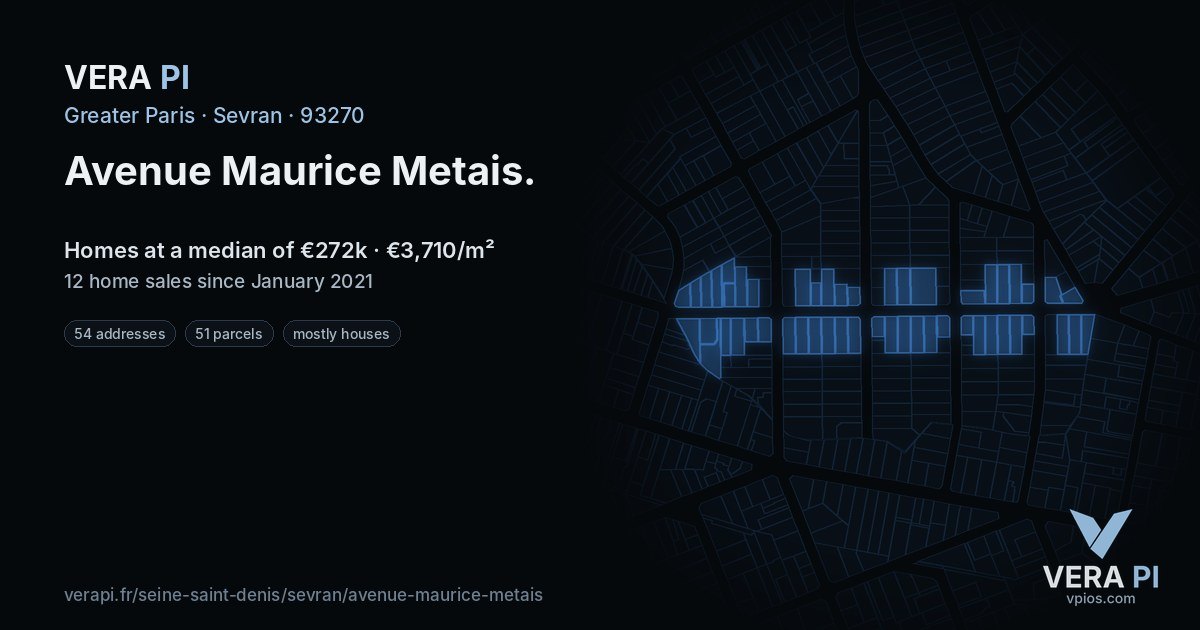 Avenue Maurice Metais, Sevran at night – every parcel coloured by the prices around it, the street's own parcels lit