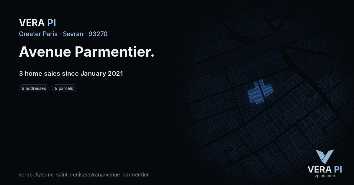 Avenue Parmentier, Sevran at night – every parcel coloured by the prices around it, the street's own parcels lit