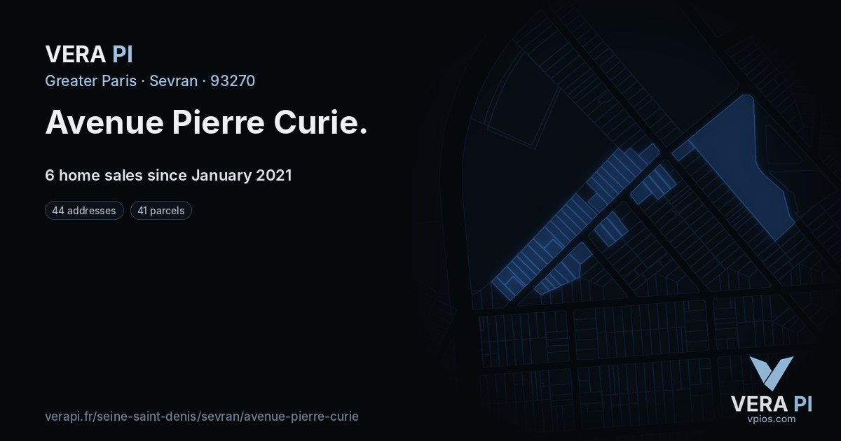 Avenue Pierre Curie, Sevran at night – every parcel coloured by the prices around it, the street's own parcels lit