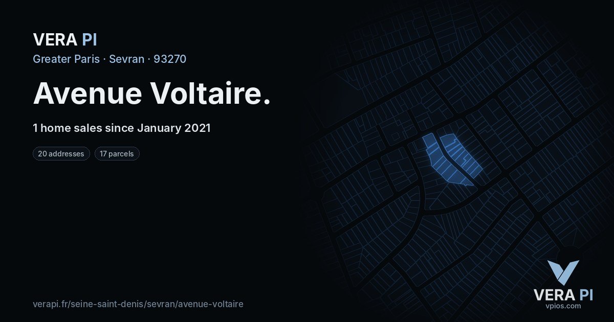 Avenue Voltaire, Sevran at night – every parcel coloured by the prices around it, the street's own parcels lit