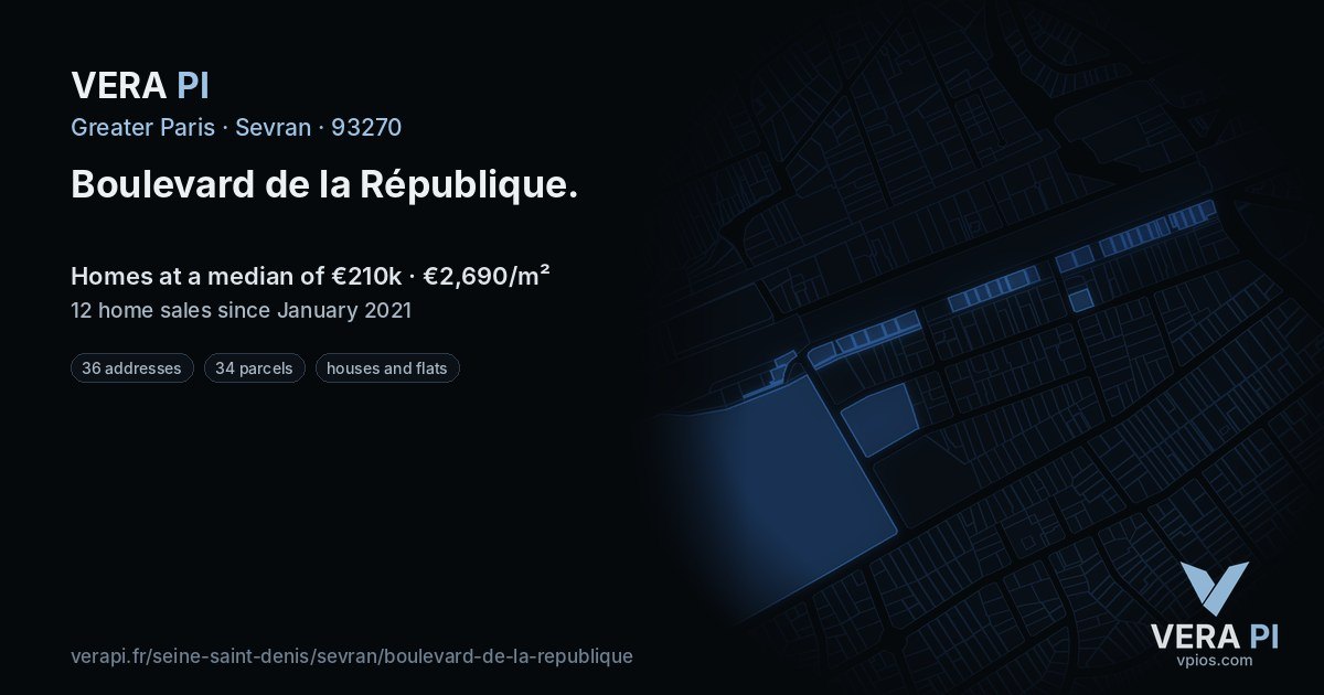 Boulevard de la République, Sevran at night – every parcel coloured by the prices around it, the street's own parcels lit