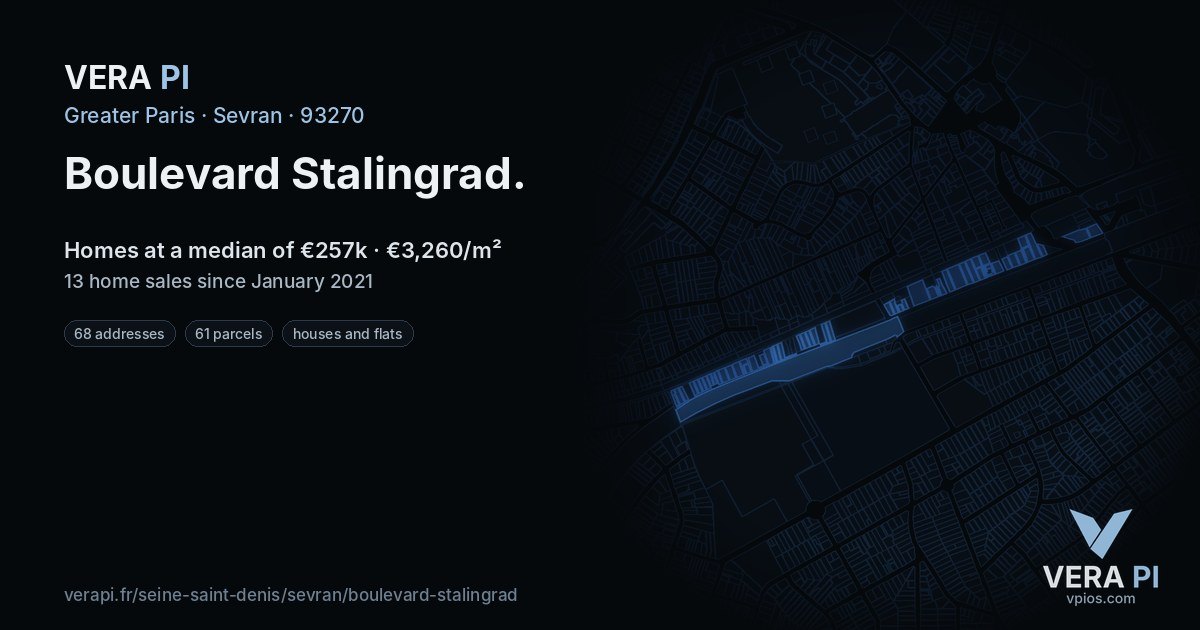 Boulevard Stalingrad, Sevran at night – every parcel coloured by the prices around it, the street's own parcels lit