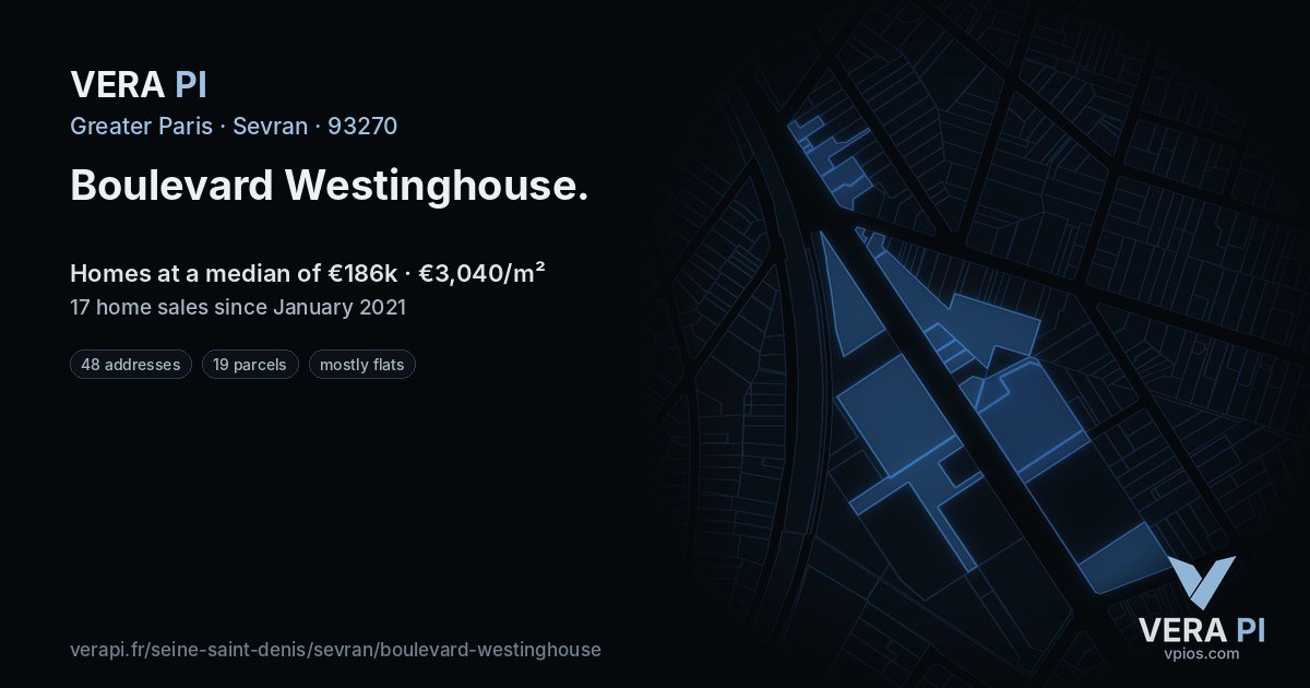 Boulevard Westinghouse, Sevran at night – every parcel coloured by the prices around it, the street's own parcels lit