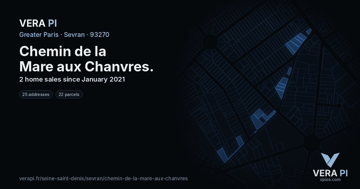Chemin de la Mare aux Chanvres, Sevran at night – every parcel coloured by the prices around it, the street's own parcels lit