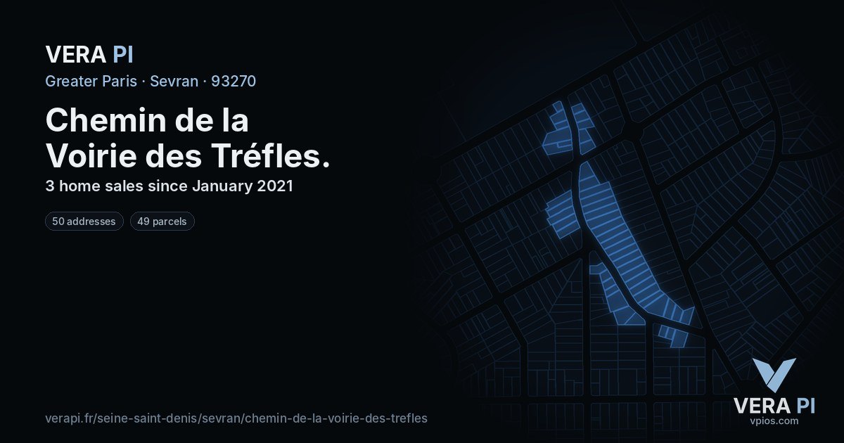 Chemin de la Voirie des Tréfles, Sevran at night – every parcel coloured by the prices around it, the street's own parcels lit