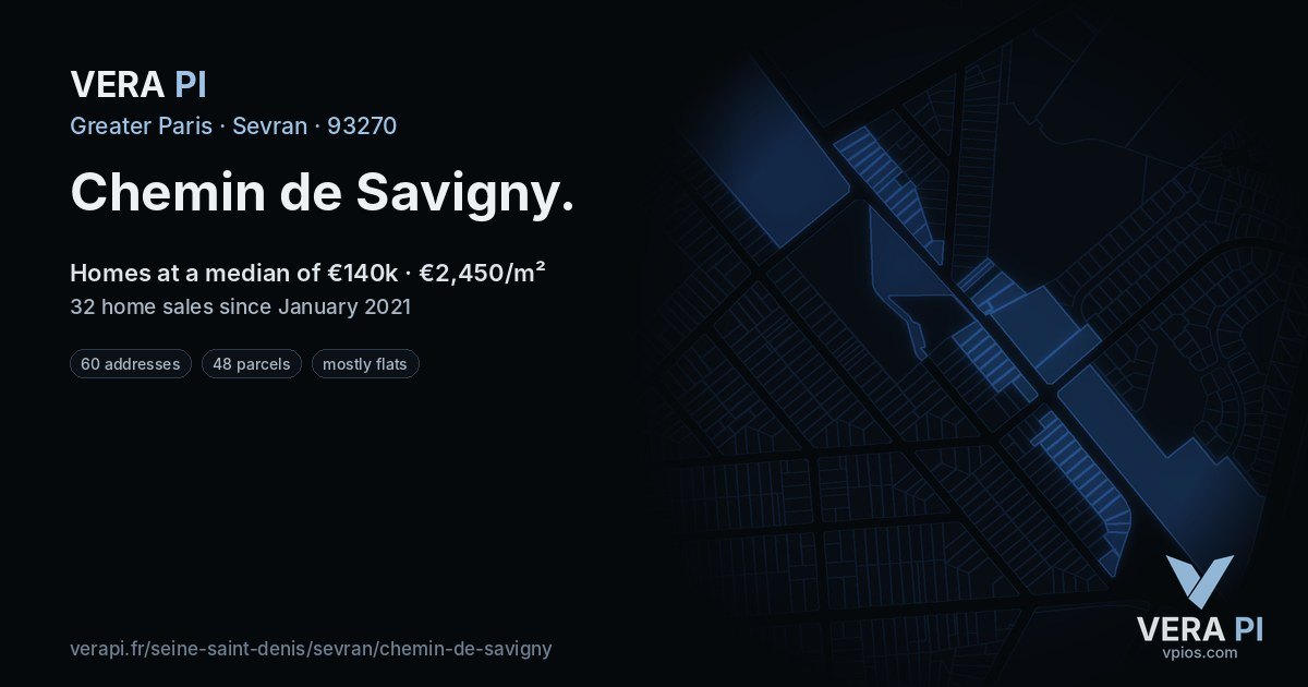 Chemin de Savigny, Sevran at night – every parcel coloured by the prices around it, the street's own parcels lit