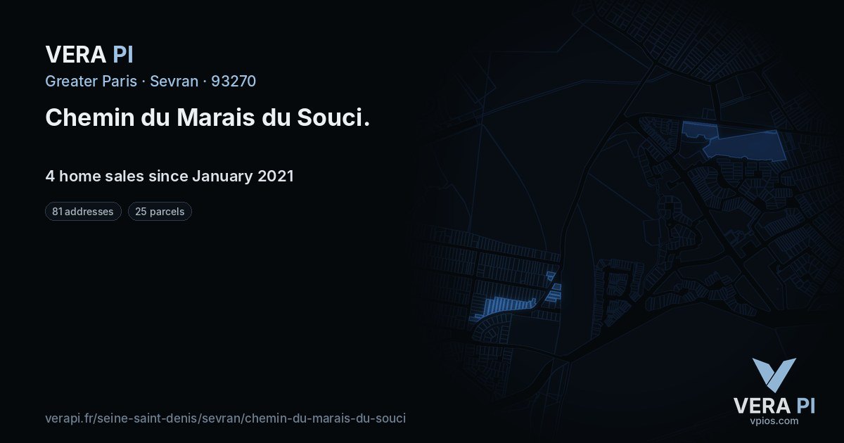 Chemin du Marais du Souci, Sevran at night – every parcel coloured by the prices around it, the street's own parcels lit