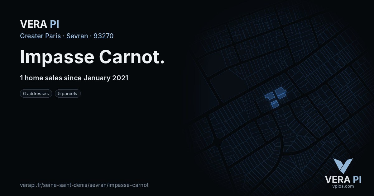 Impasse Carnot, Sevran at night – every parcel coloured by the prices around it, the street's own parcels lit