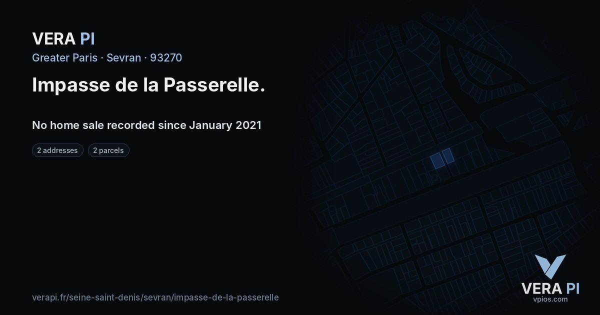 Impasse de la Passerelle, Sevran at night – every parcel coloured by the prices around it, the street's own parcels lit