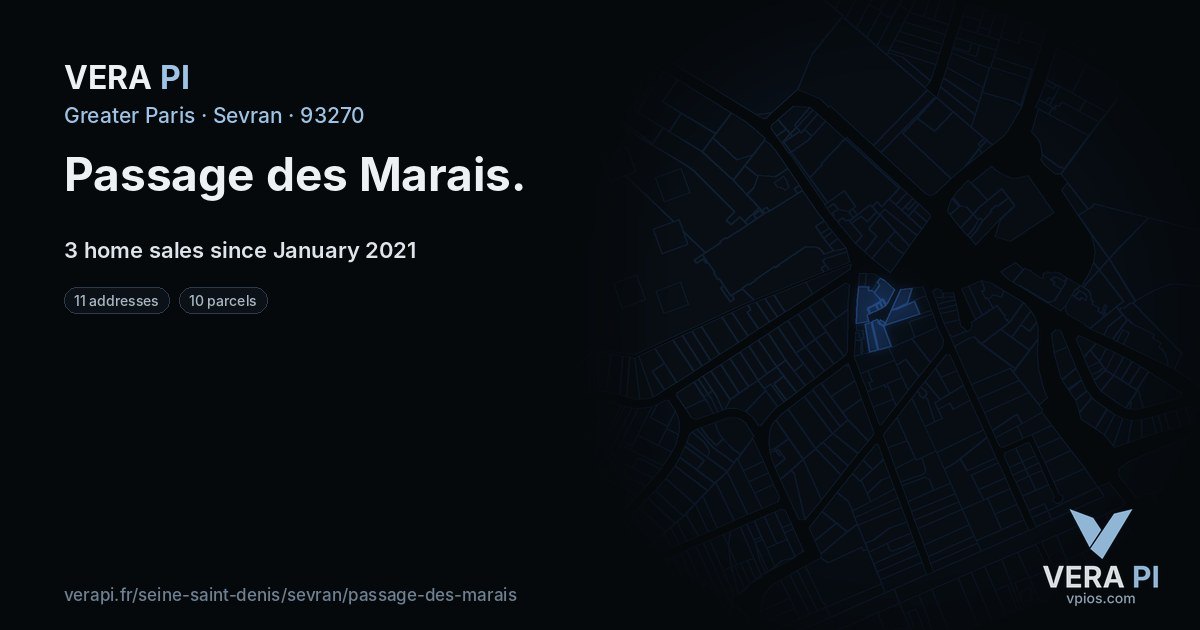 Passage des Marais, Sevran at night – every parcel coloured by the prices around it, the street's own parcels lit