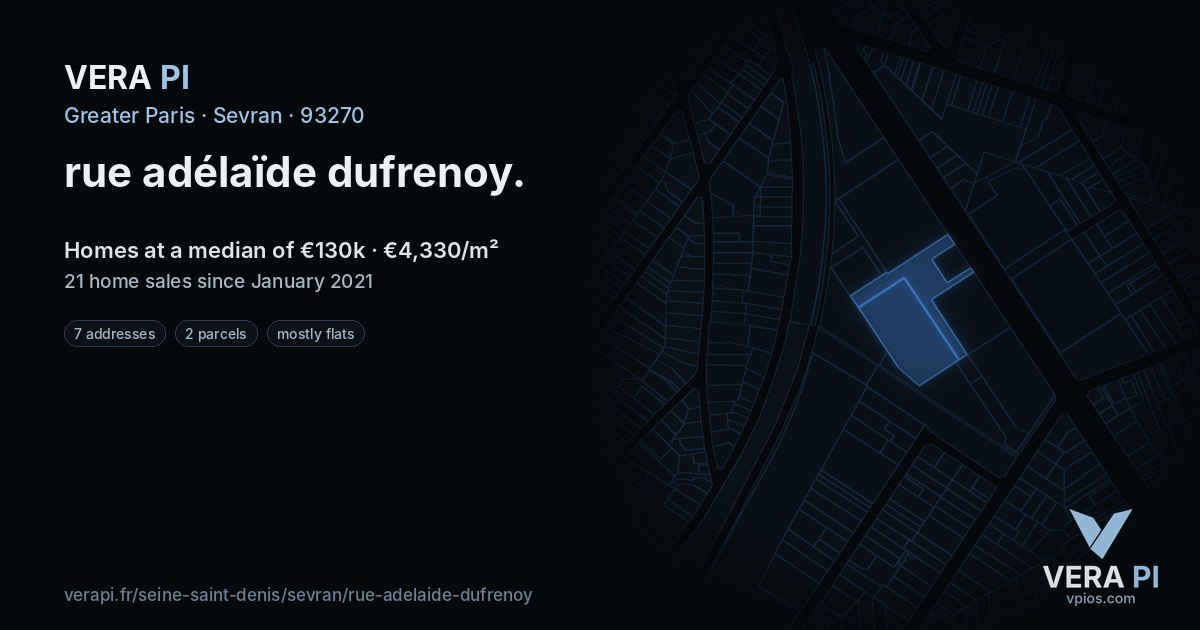 rue adélaïde dufrenoy, Sevran at night – every parcel coloured by the prices around it, the street's own parcels lit