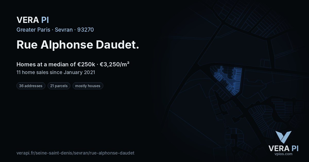 Rue Alphonse Daudet, Sevran at night – every parcel coloured by the prices around it, the street's own parcels lit
