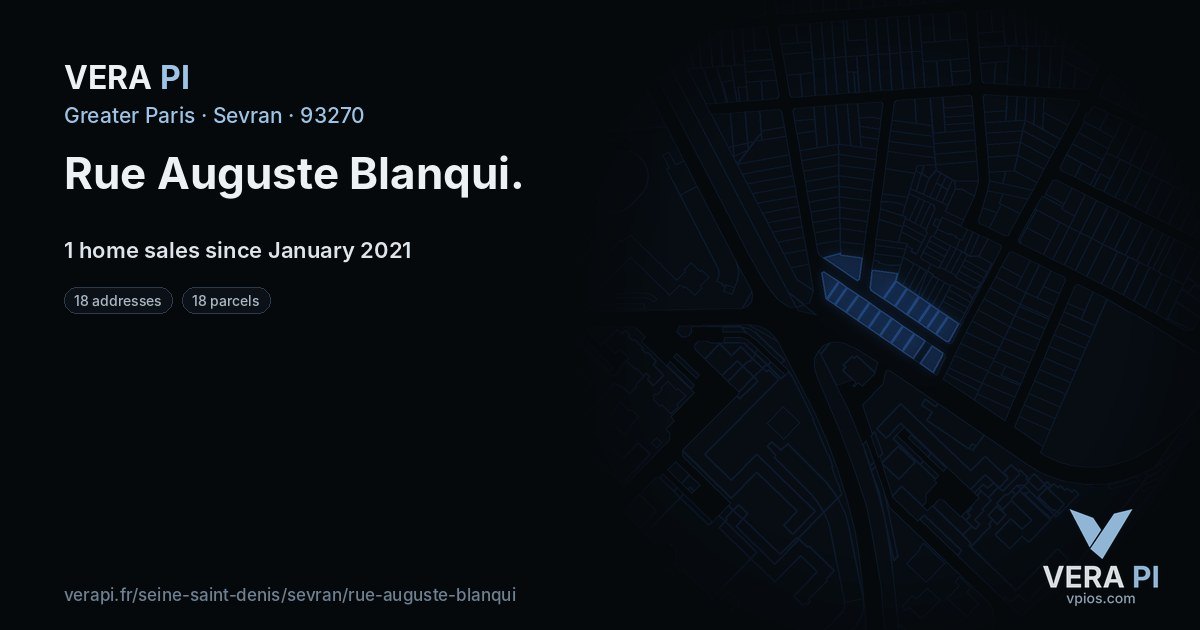 Rue Auguste Blanqui, Sevran at night – every parcel coloured by the prices around it, the street's own parcels lit