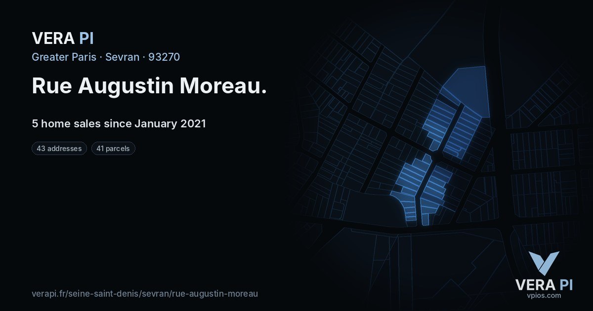 Rue Augustin Moreau, Sevran at night – every parcel coloured by the prices around it, the street's own parcels lit