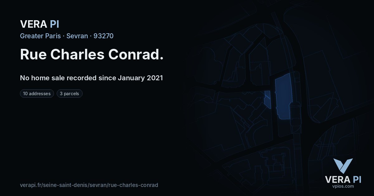 Rue Charles Conrad, Sevran at night – every parcel coloured by the prices around it, the street's own parcels lit