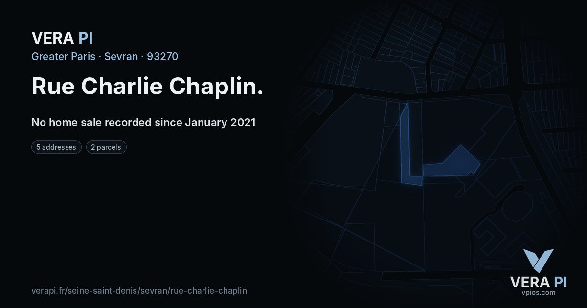 Rue Charlie Chaplin, Sevran at night – every parcel coloured by the prices around it, the street's own parcels lit