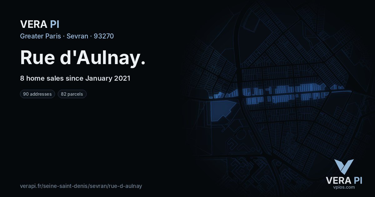 Rue d'Aulnay, Sevran at night – every parcel coloured by the prices around it, the street's own parcels lit