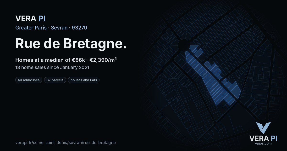 Rue de Bretagne, Sevran at night – every parcel coloured by the prices around it, the street's own parcels lit