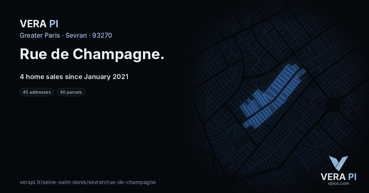Rue de Champagne, Sevran at night – every parcel coloured by the prices around it, the street's own parcels lit