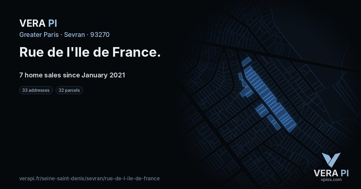 Rue de l'Ile de France, Sevran at night – every parcel coloured by the prices around it, the street's own parcels lit