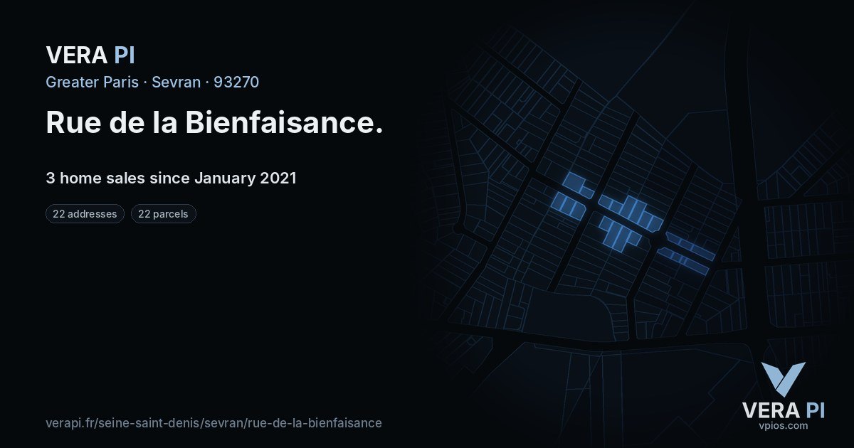 Rue de la Bienfaisance, Sevran at night – every parcel coloured by the prices around it, the street's own parcels lit