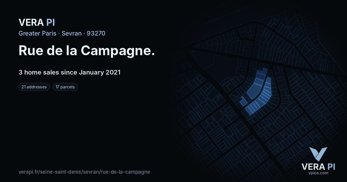 Rue de la Campagne, Sevran at night – every parcel coloured by the prices around it, the street's own parcels lit