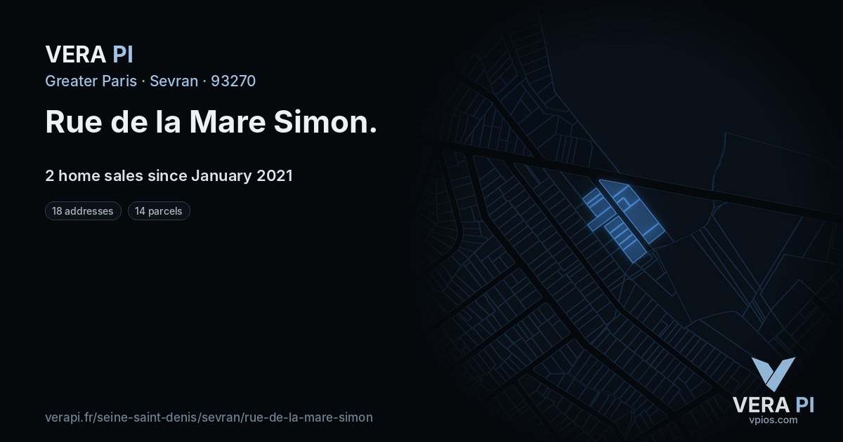 Rue de la Mare Simon, Sevran at night – every parcel coloured by the prices around it, the street's own parcels lit