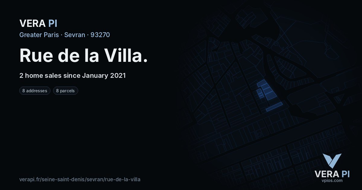 Rue de la Villa, Sevran at night – every parcel coloured by the prices around it, the street's own parcels lit