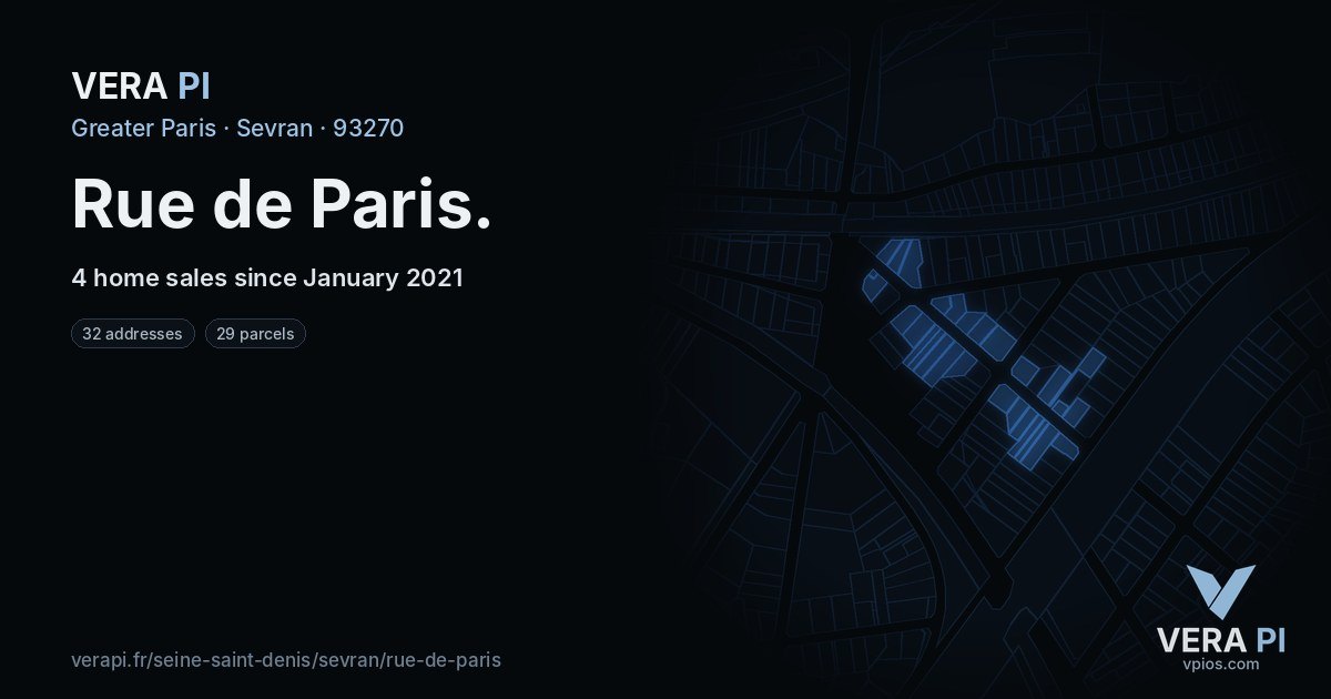 Rue de Paris, Sevran at night – every parcel coloured by the prices around it, the street's own parcels lit