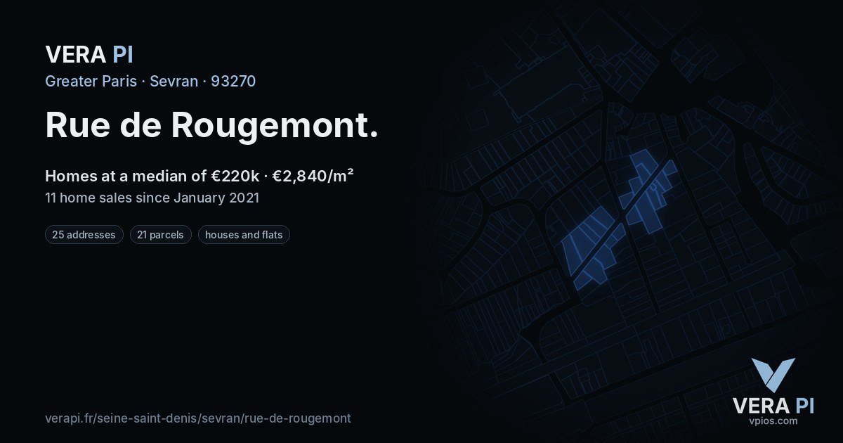 Rue de Rougemont, Sevran at night – every parcel coloured by the prices around it, the street's own parcels lit