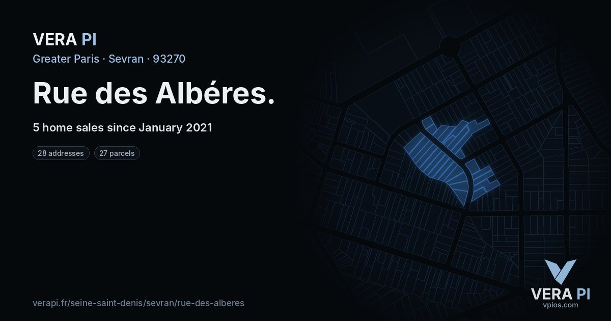 Rue des Albéres, Sevran at night – every parcel coloured by the prices around it, the street's own parcels lit