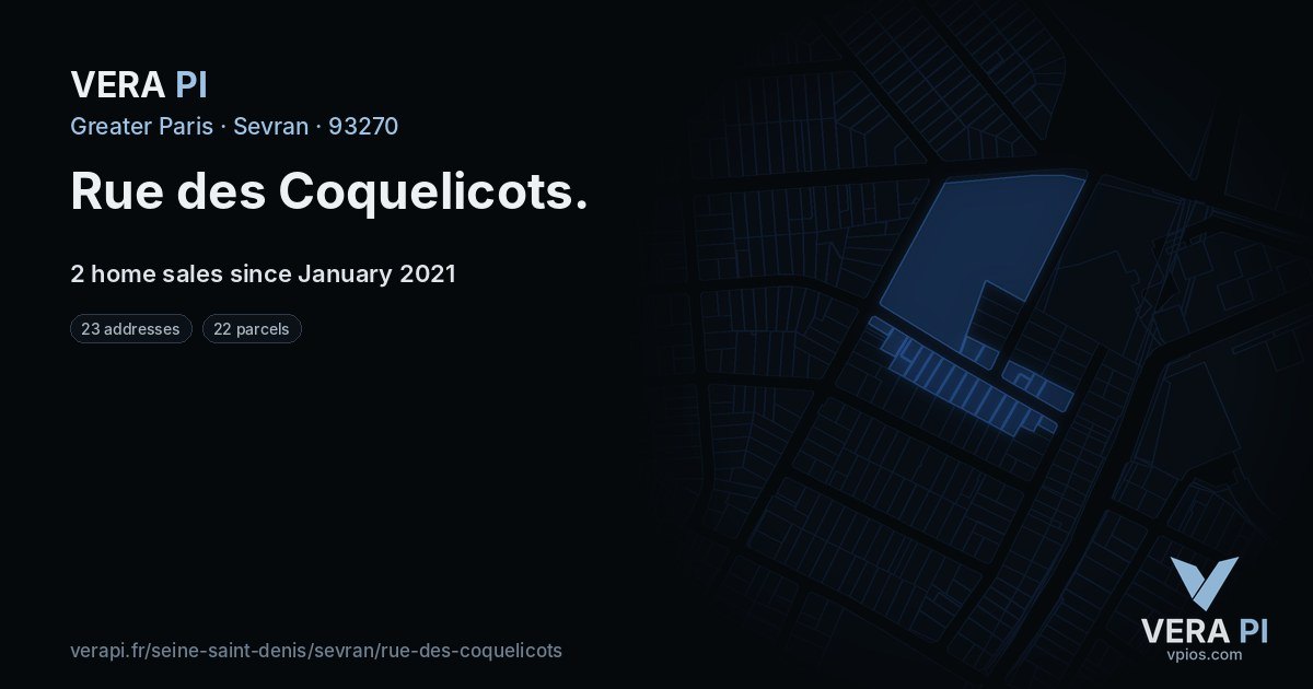 Rue des Coquelicots, Sevran at night – every parcel coloured by the prices around it, the street's own parcels lit