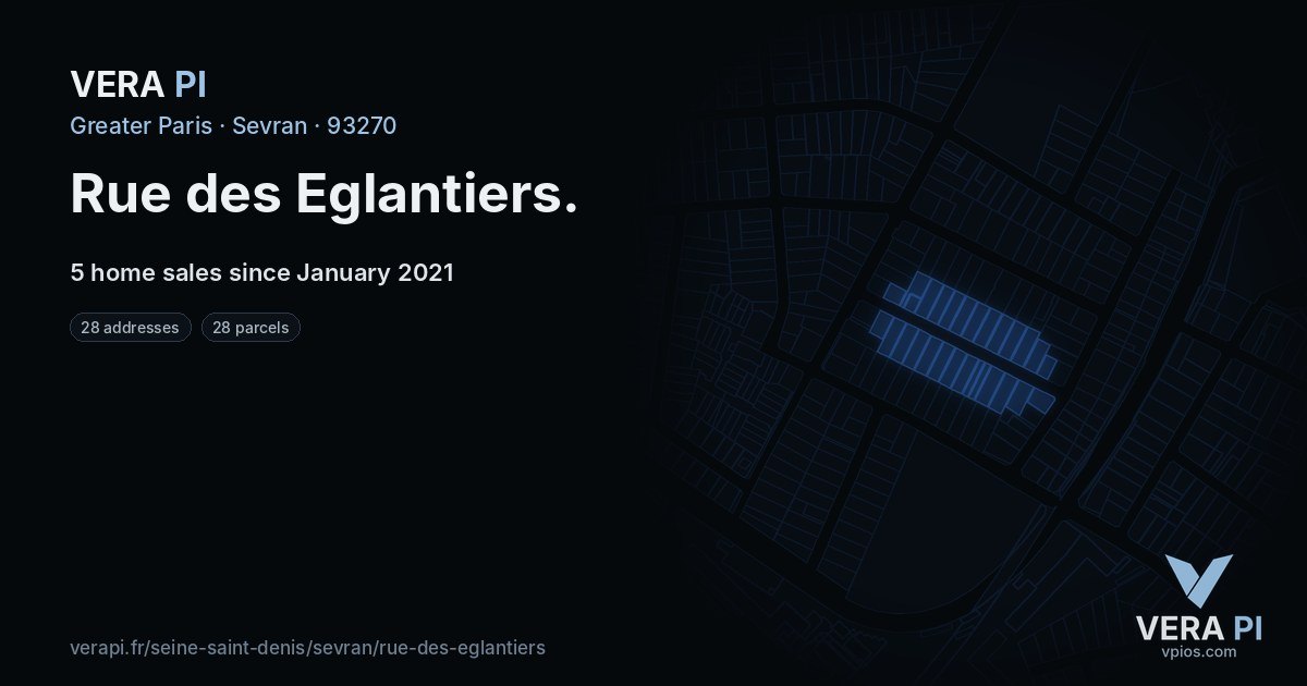 Rue des Eglantiers, Sevran at night – every parcel coloured by the prices around it, the street's own parcels lit