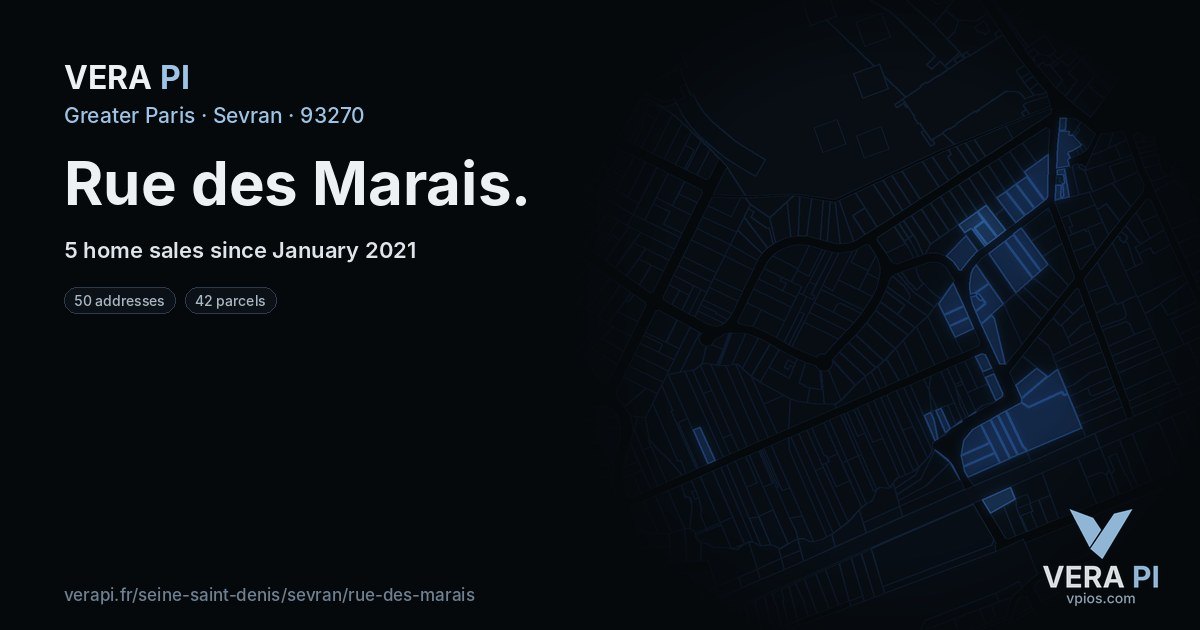 Rue des Marais, Sevran at night – every parcel coloured by the prices around it, the street's own parcels lit