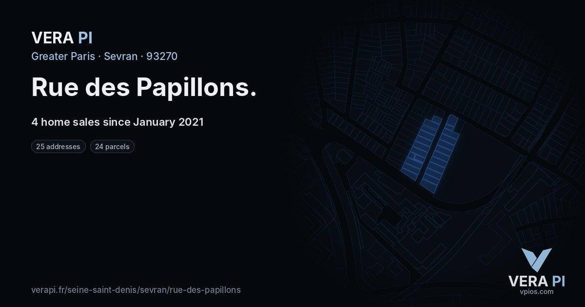 Rue des Papillons, Sevran at night – every parcel coloured by the prices around it, the street's own parcels lit