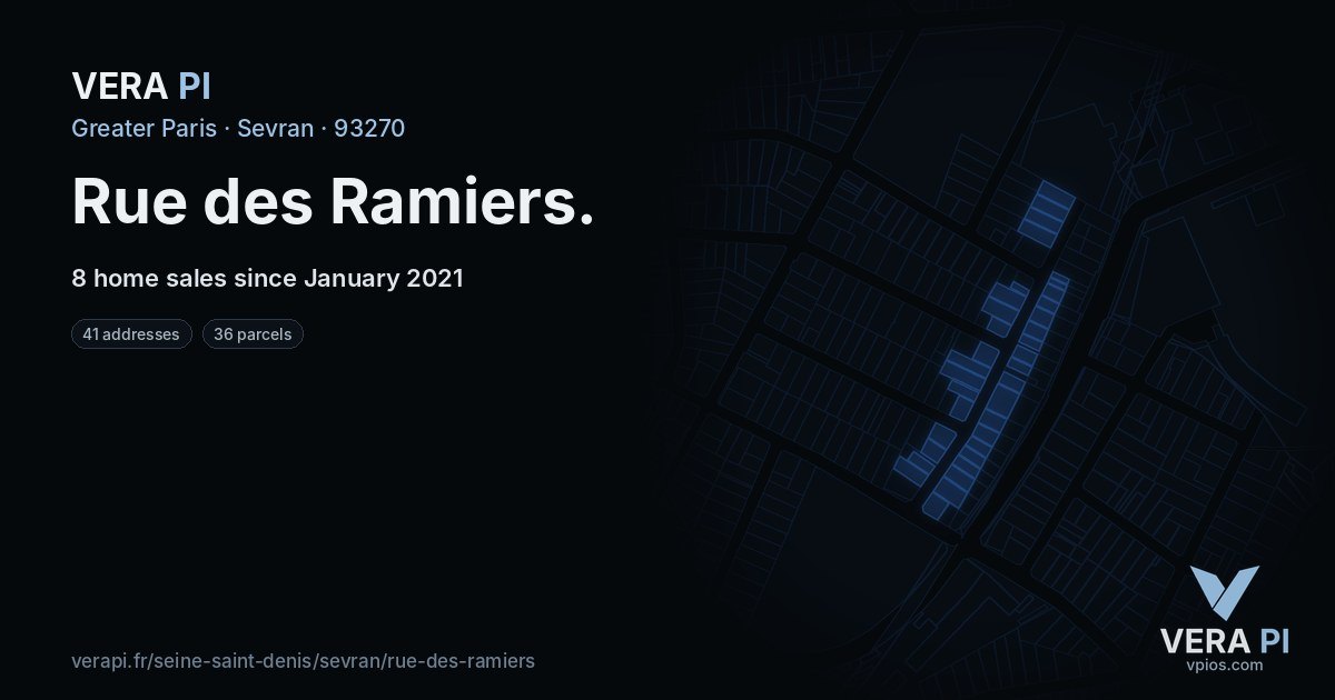Rue des Ramiers, Sevran at night – every parcel coloured by the prices around it, the street's own parcels lit