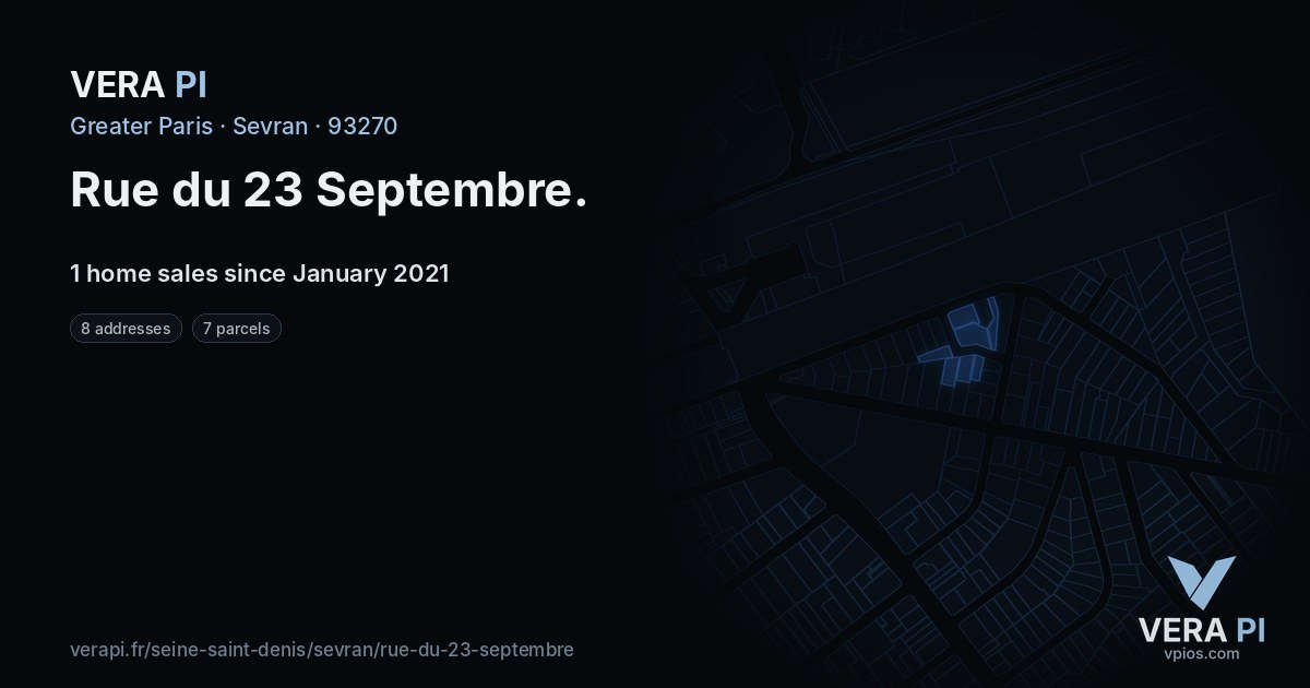 Rue du 23 Septembre, Sevran at night – every parcel coloured by the prices around it, the street's own parcels lit