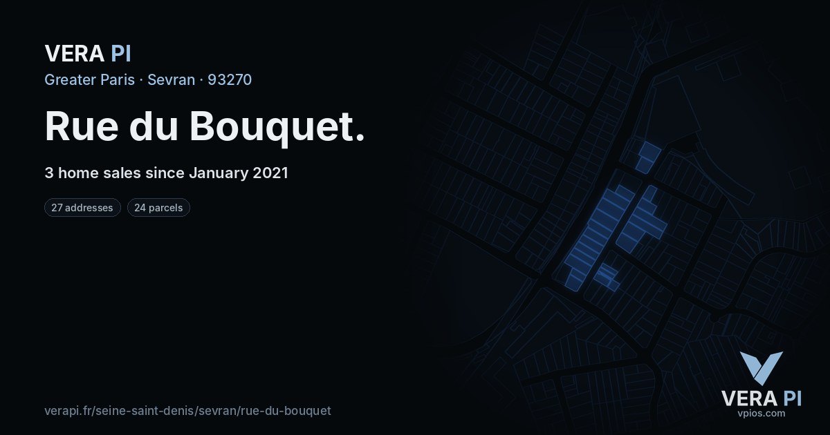 Rue du Bouquet, Sevran at night – every parcel coloured by the prices around it, the street's own parcels lit