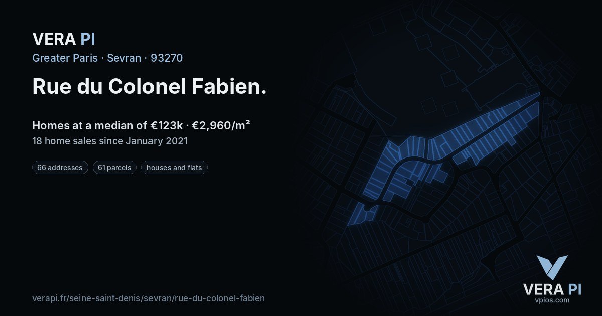 Rue du Colonel Fabien, Sevran at night – every parcel coloured by the prices around it, the street's own parcels lit