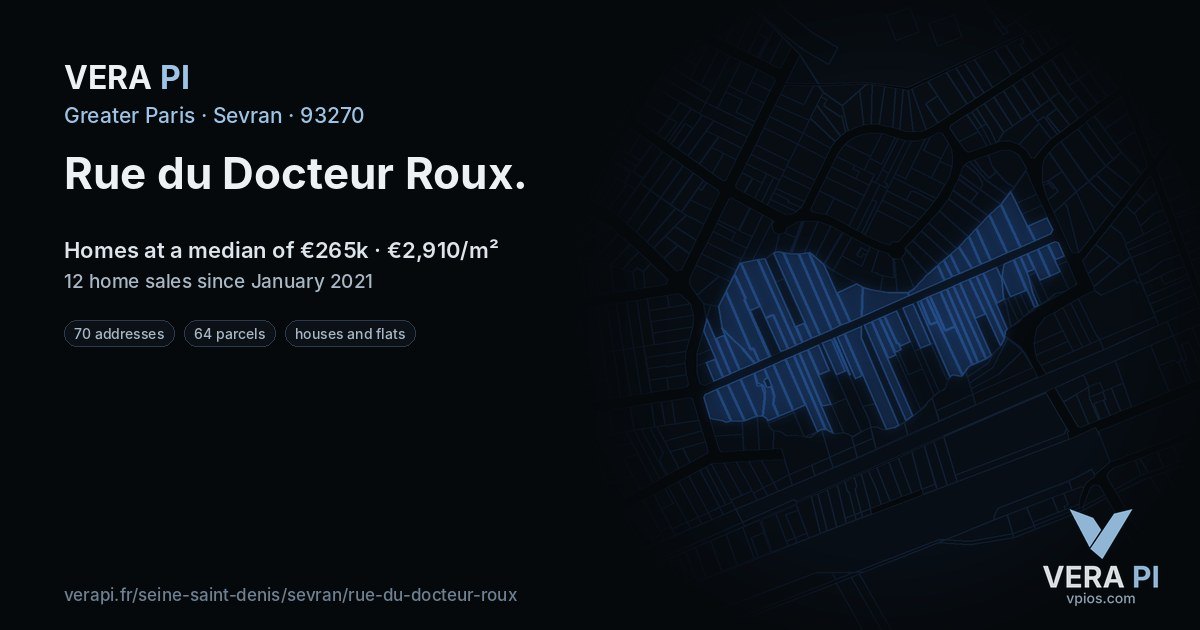 Rue du Docteur Roux, Sevran at night – every parcel coloured by the prices around it, the street's own parcels lit