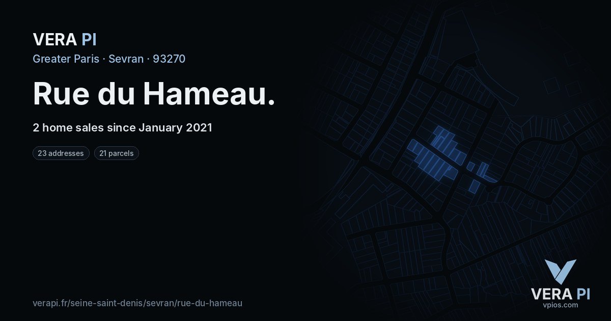Rue du Hameau, Sevran at night – every parcel coloured by the prices around it, the street's own parcels lit