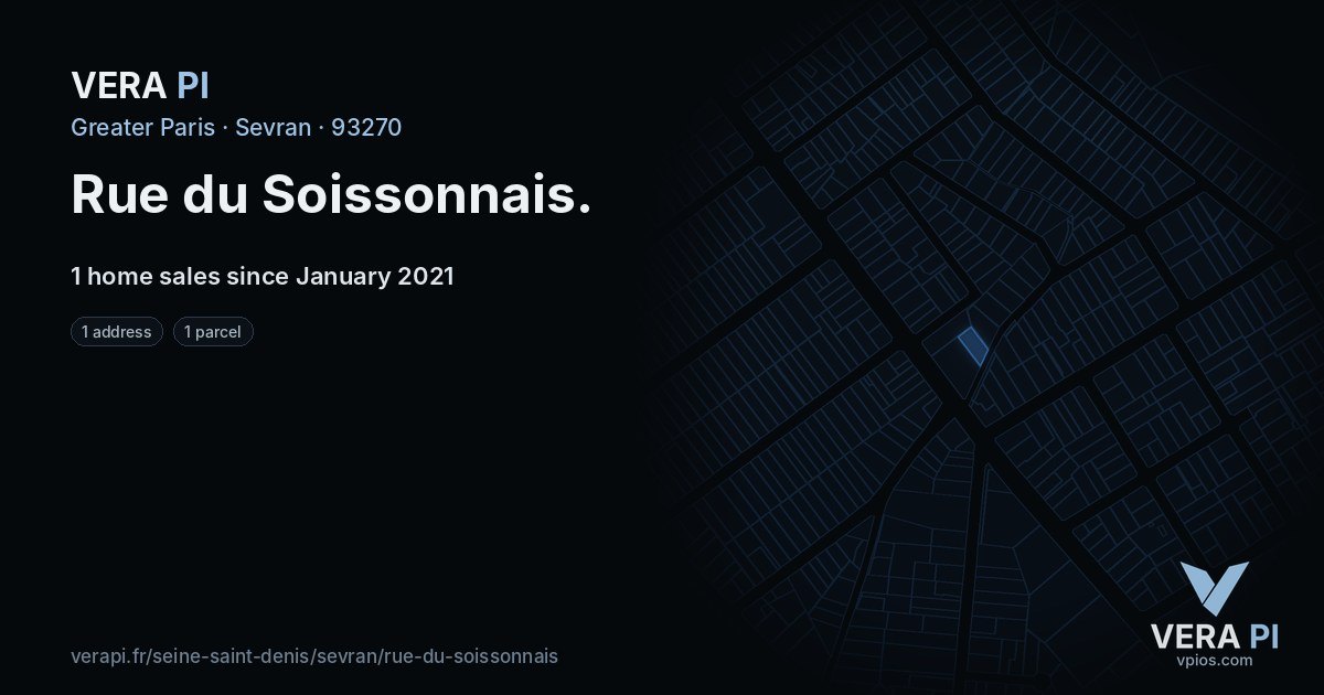 Rue du Soissonnais, Sevran at night – every parcel coloured by the prices around it, the street's own parcels lit