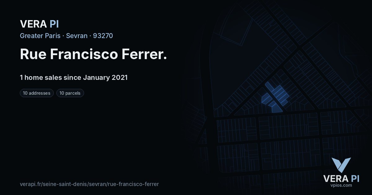 Rue Francisco Ferrer, Sevran at night – every parcel coloured by the prices around it, the street's own parcels lit