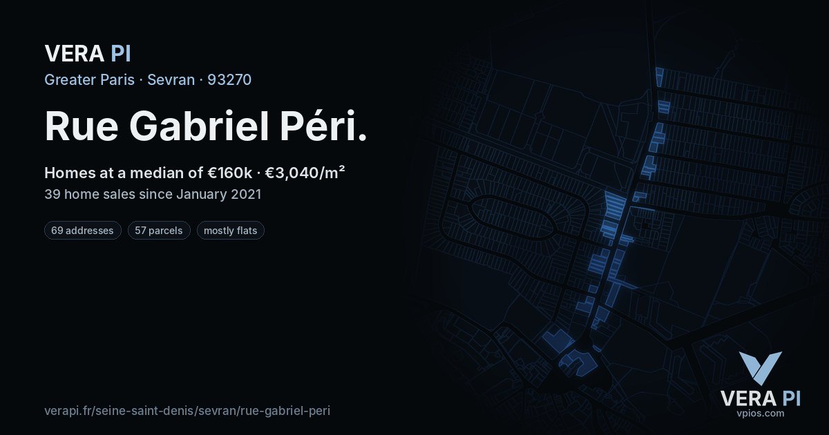 Rue Gabriel Péri, Sevran at night – every parcel coloured by the prices around it, the street's own parcels lit