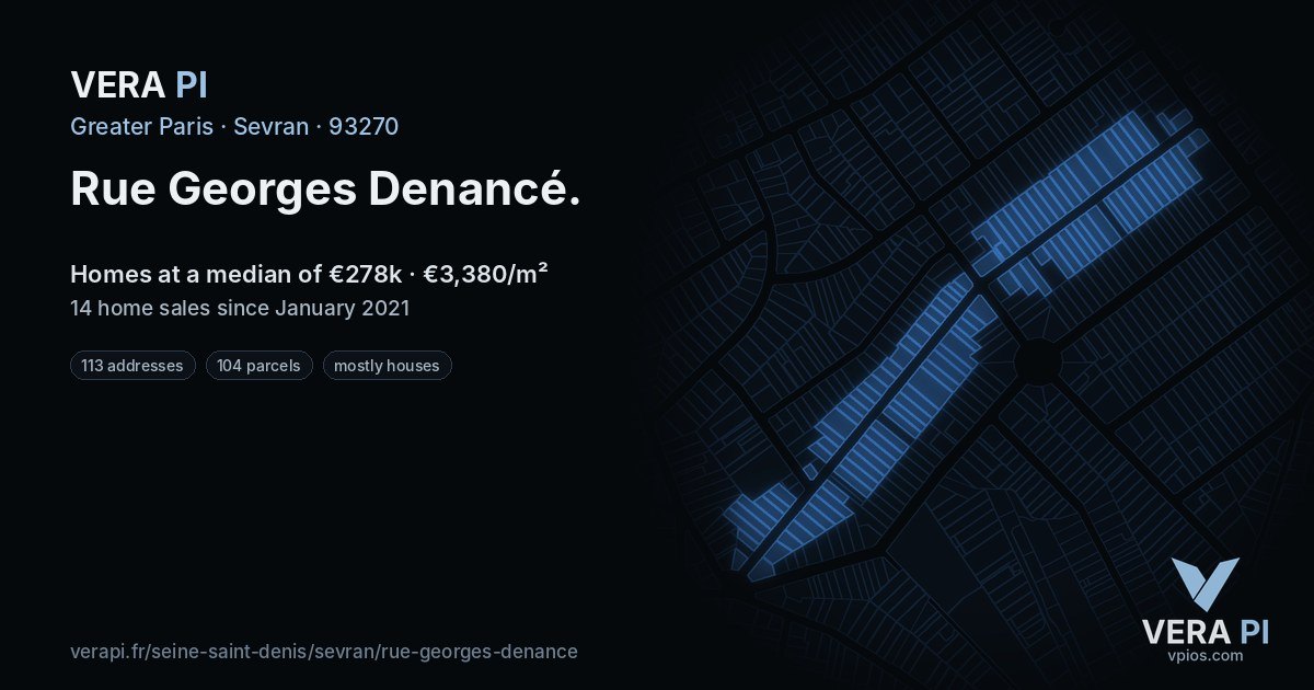 Rue Georges Denancé, Sevran at night – every parcel coloured by the prices around it, the street's own parcels lit
