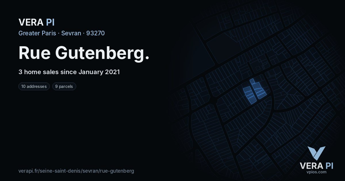 Rue Gutenberg, Sevran at night – every parcel coloured by the prices around it, the street's own parcels lit