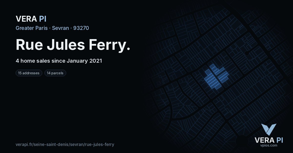 Rue Jules Ferry, Sevran at night – every parcel coloured by the prices around it, the street's own parcels lit