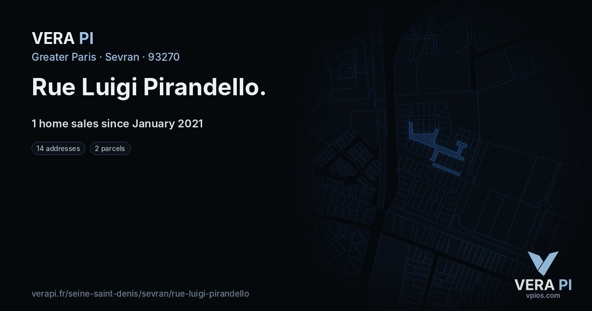 Rue Luigi Pirandello, Sevran at night – every parcel coloured by the prices around it, the street's own parcels lit