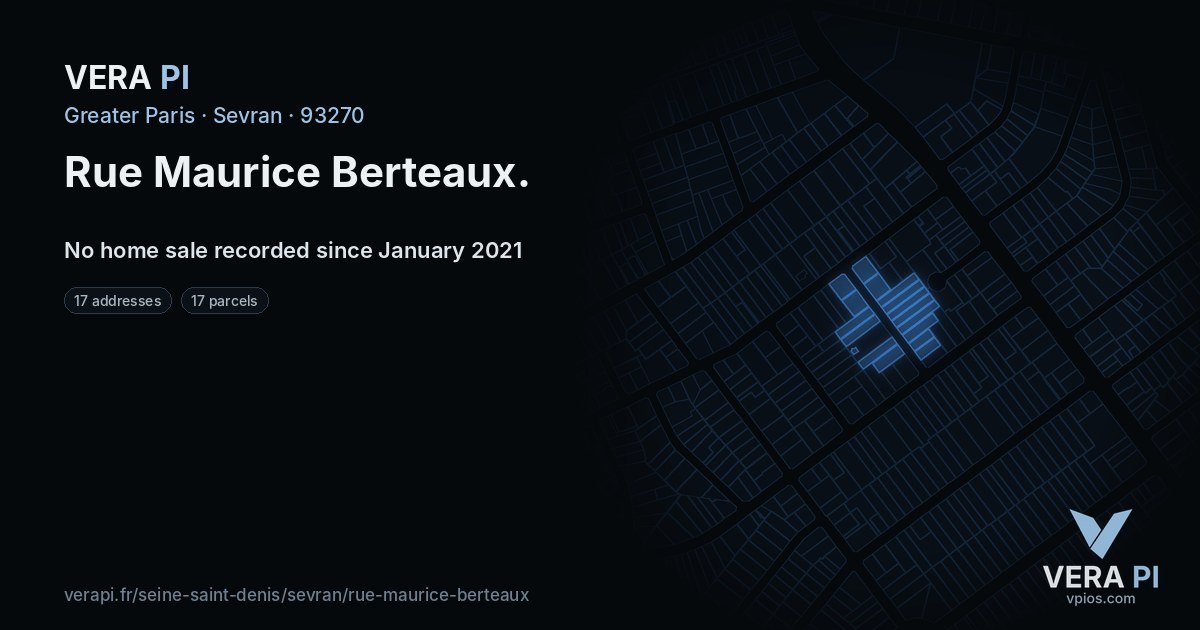 Rue Maurice Berteaux, Sevran at night – every parcel coloured by the prices around it, the street's own parcels lit